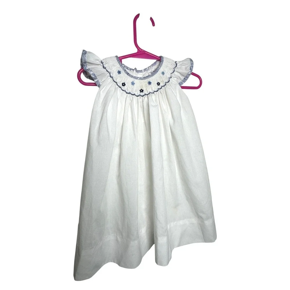 Simply Smock Baby Girl Smocked Dress White Blue‎ 12M Heirloom Easter Baptism